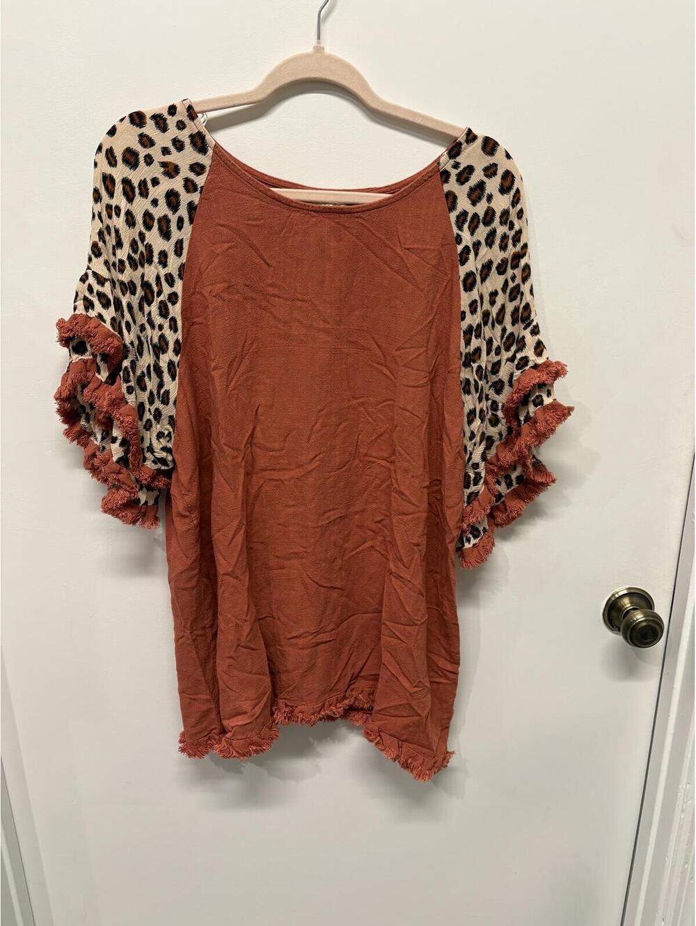Umgee Rust Brown Top with Leopard Print Ruffle Sleeves, Size L